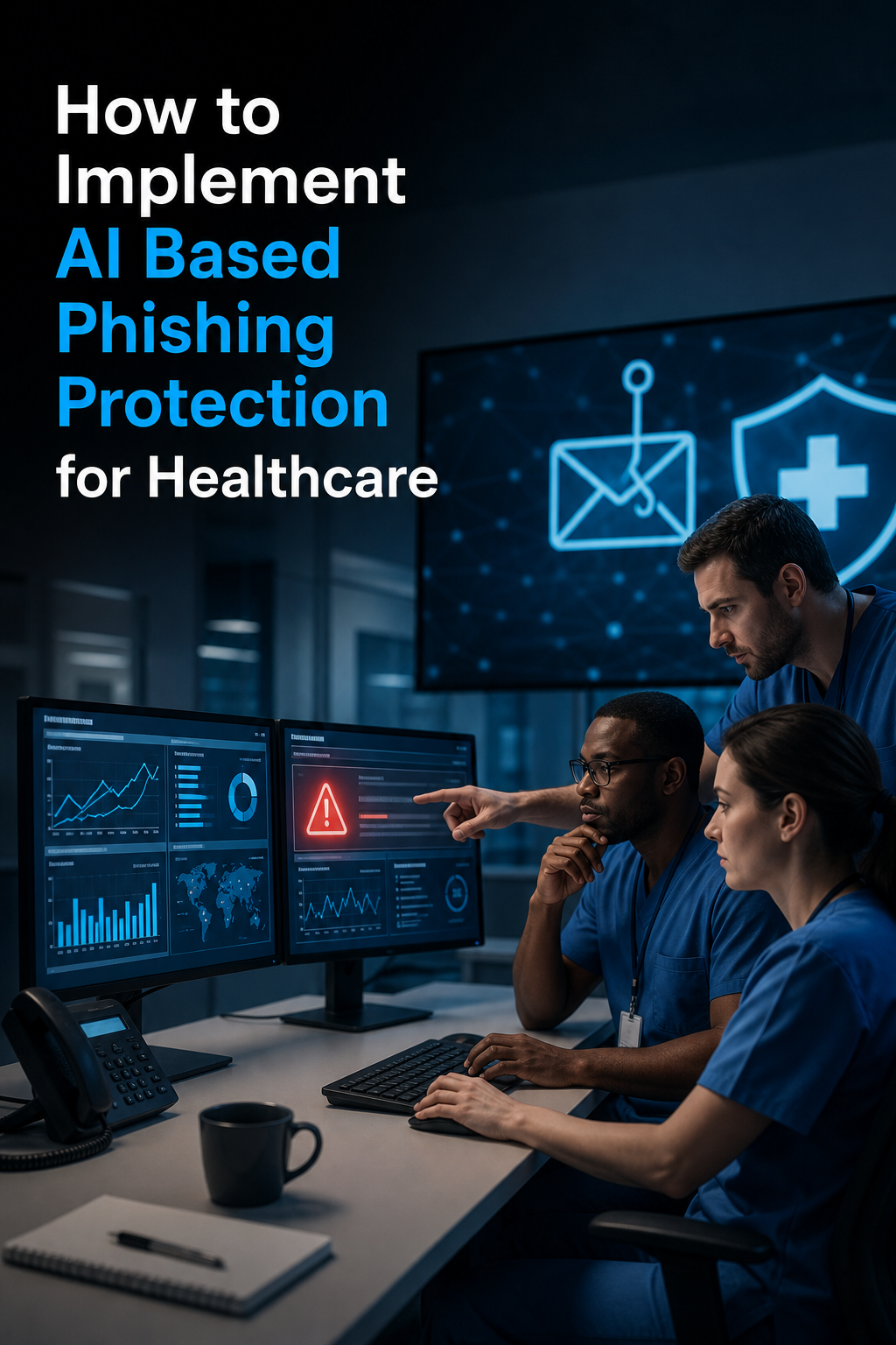A cinematic illustration of a hospital IT team reviewing email security dashboards, with charts and alerts highlighted. Alt: AI based phishing protection for healthcare risk assessment