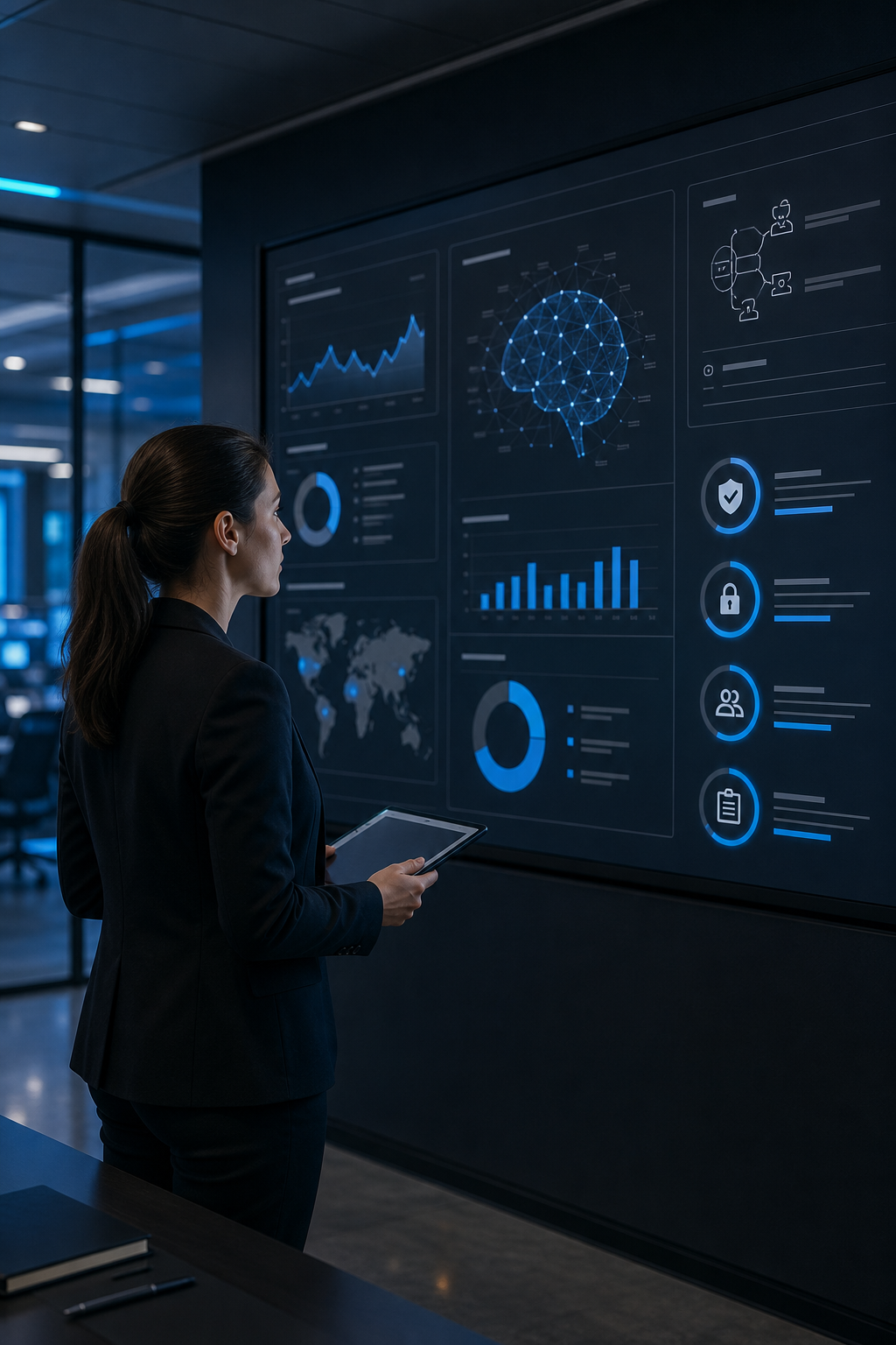 A cinematic scene of a compliance officer reviewing AI security dashboards on a large screen, with highlighted compliance icons. Alt: AI based phishing protection for healthcare compliance review
