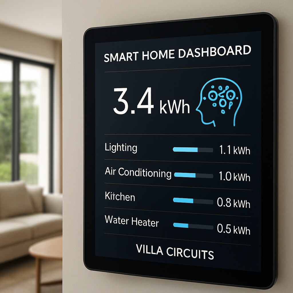 A sleek smart home dashboard displaying real‑time kWh usage for each villa circuit, with a stylized AI icon overlay. Alt: AI based smart energy management Dubai villa dashboard.