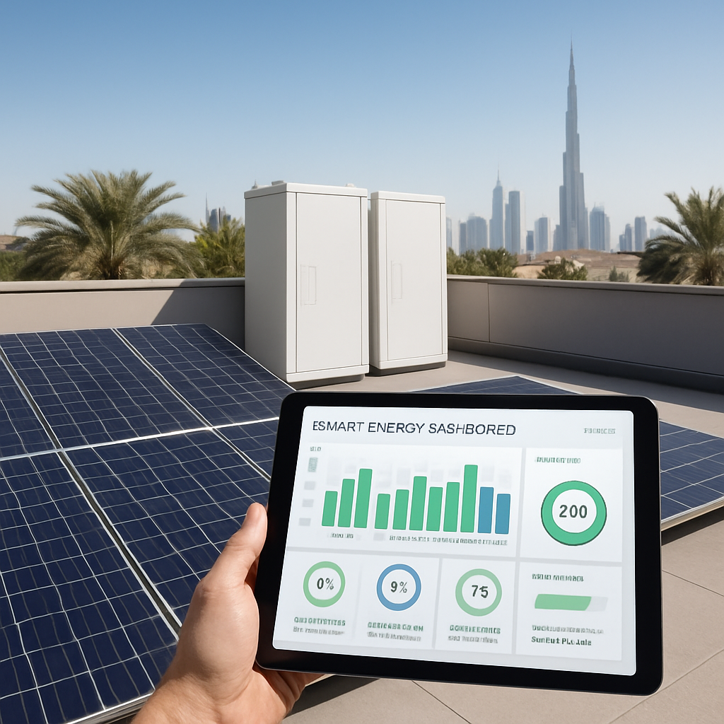 A futuristic Dubai villa roof deck with integrated solar panels, battery storage units, and a smart energy dashboard displayed on a tablet. Alt: Smart energy management in a Dubai villa
