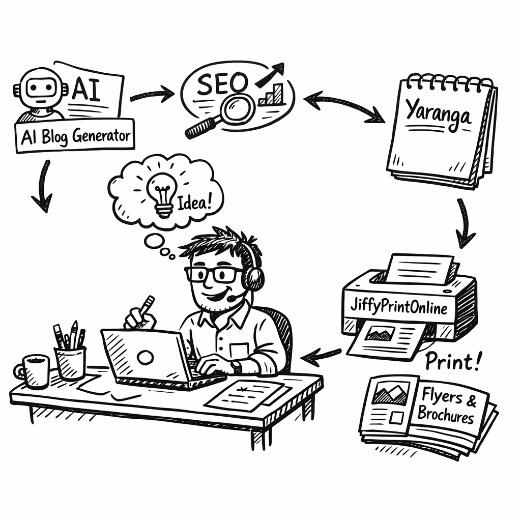A Doodle style illustration of a marketer sitting at a desk, surrounded by floating icons representing AI, SEO, a notebook labeled "Yaranga", and a printer icon for JiffyPrintOnline, showing the workflow from idea capture to printed marketing material. Alt: AI blog post generator workflow diagram in doodle style.