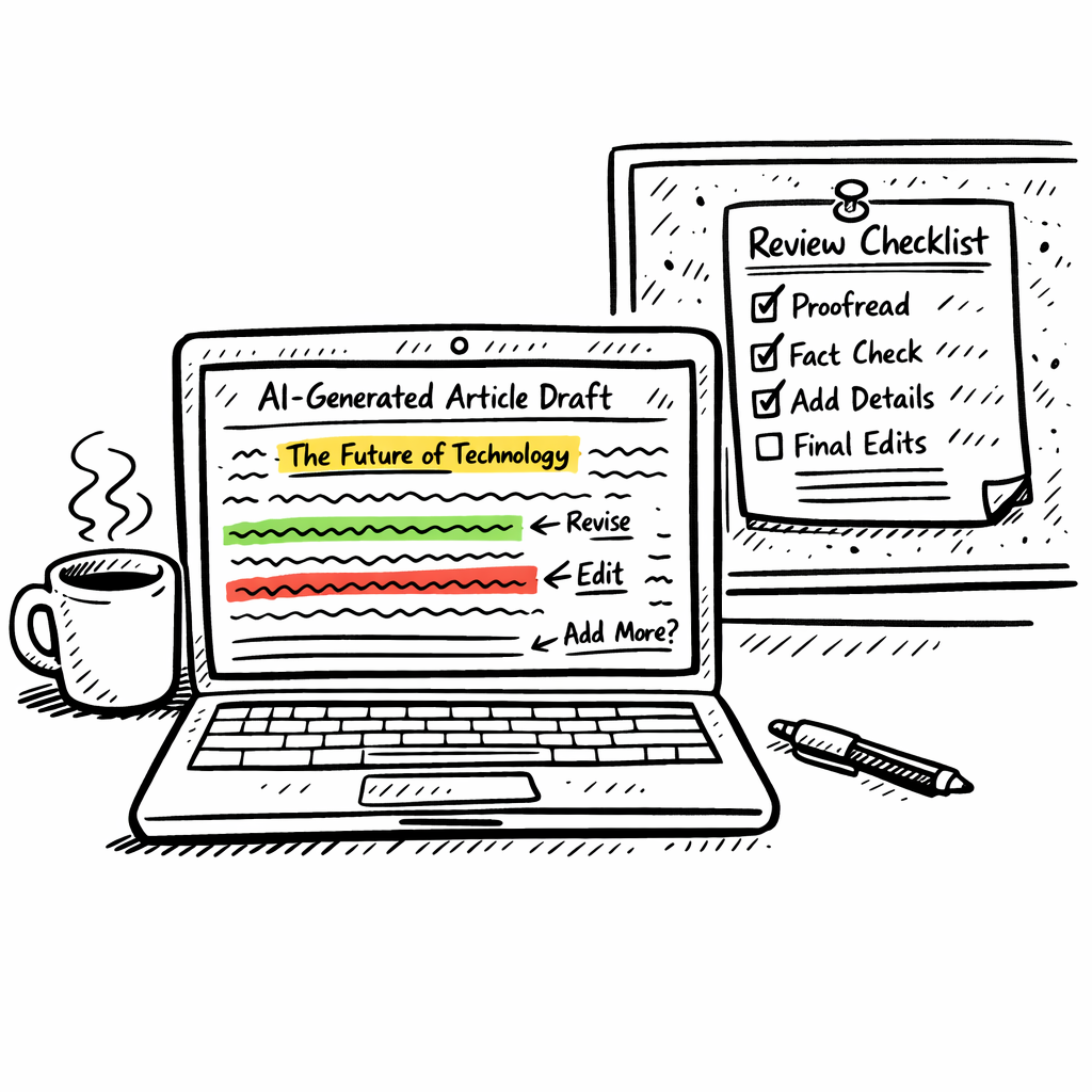 A doodle illustration of a laptop screen showing an AI‑generated article with highlighted sections for editing, a coffee mug nearby, and a checklist pinned on a corkboard, emphasizing the review process. Alt: AI blog post generator draft being reviewed and edited.