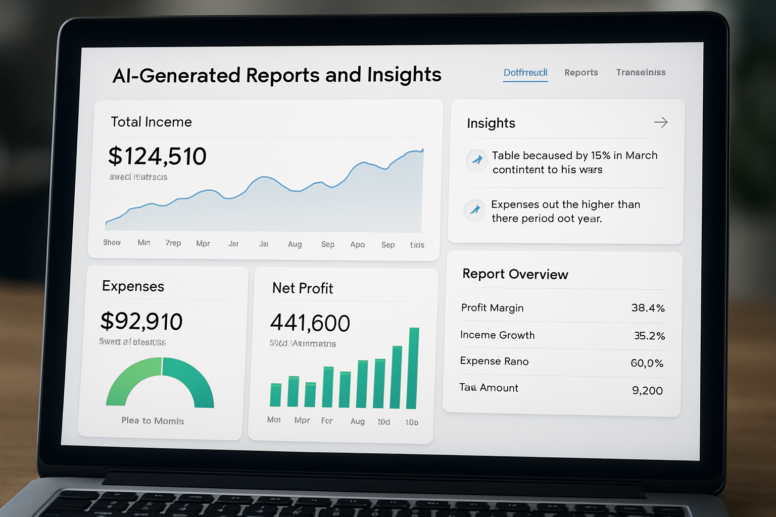 Financial dashboard showing AI-generated reports and insights. Alt: Real-time reporting with AI bookkeeping software enhancing accuracy and compliance.