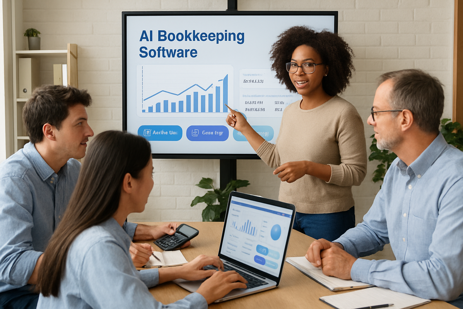 Accountant training session on AI bookkeeping software usage highlighting collaboration and learning. Alt: Team learning to use AI bookkeeping software for improved accounting workflows.
