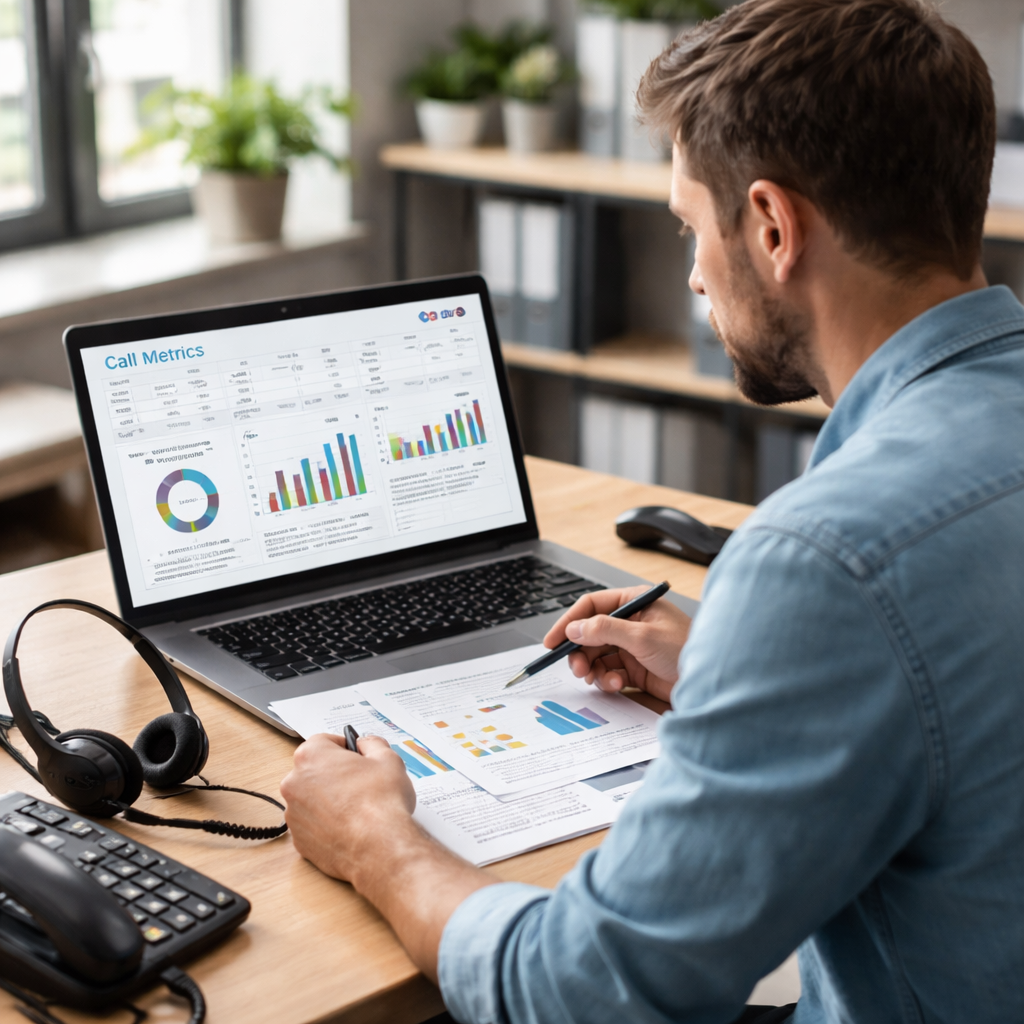 A photorealistic scene of a small business owner reviewing a spreadsheet of call metrics on a laptop, with a headset and a muted phone on the desk, illustrating the assessment phase of ai call center automation. Alt: Assessing call center operations for AI automation.