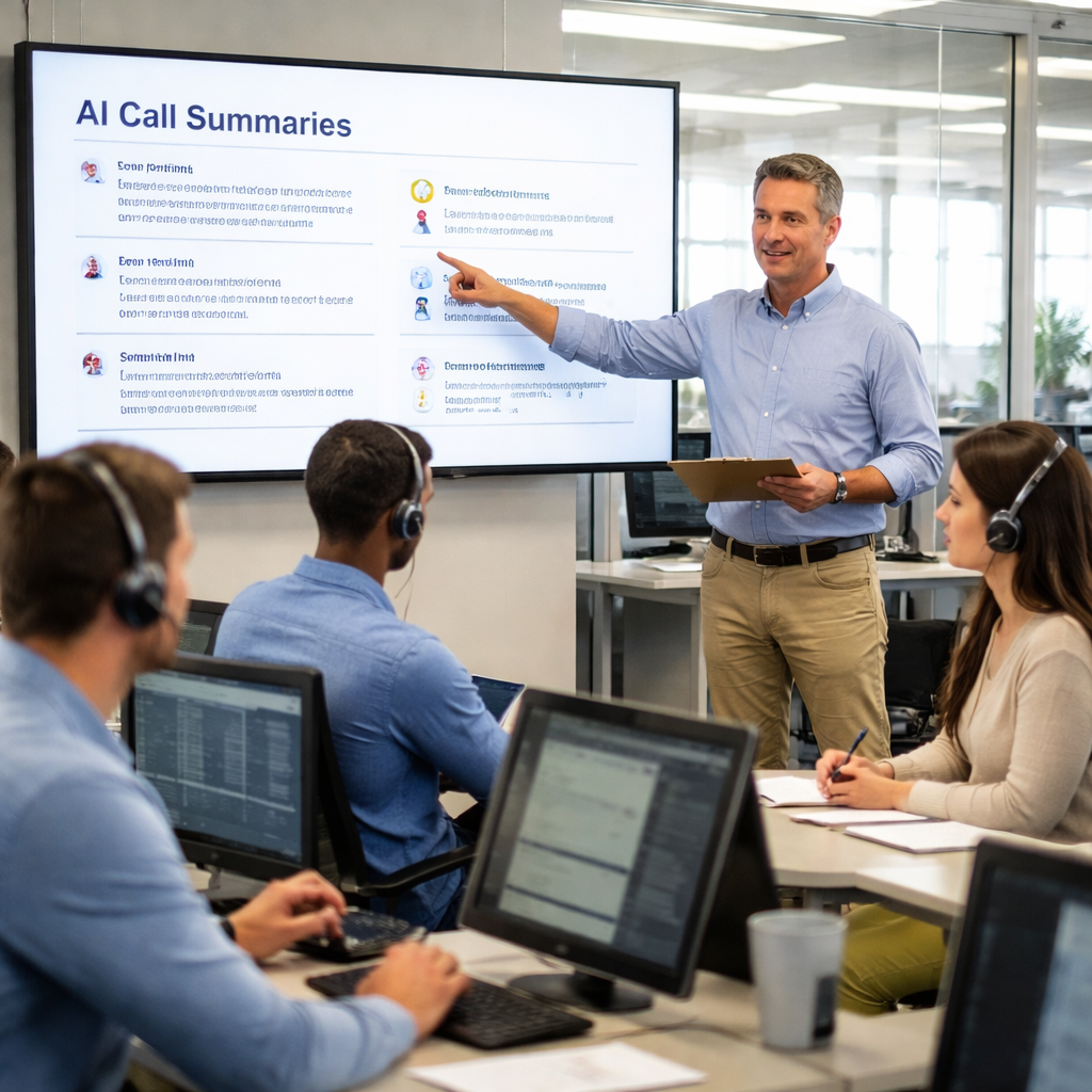 A photorealistic scene of a small business call‑center training session, with a trainer pointing at a screen showing AI call summaries, agents taking notes, and a headset‑equipped representative listening. Alt: ai call center automation training in a realistic office setting.