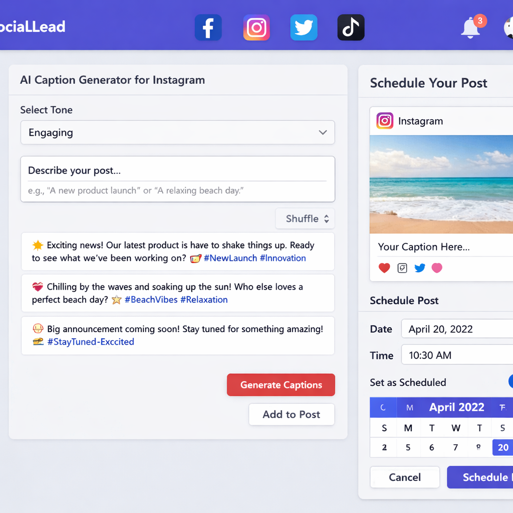 A realistic view of a social media dashboard with multiple platform icons, showing a caption box and scheduling calendar. Alt: AI caption generator for Instagram dashboard view