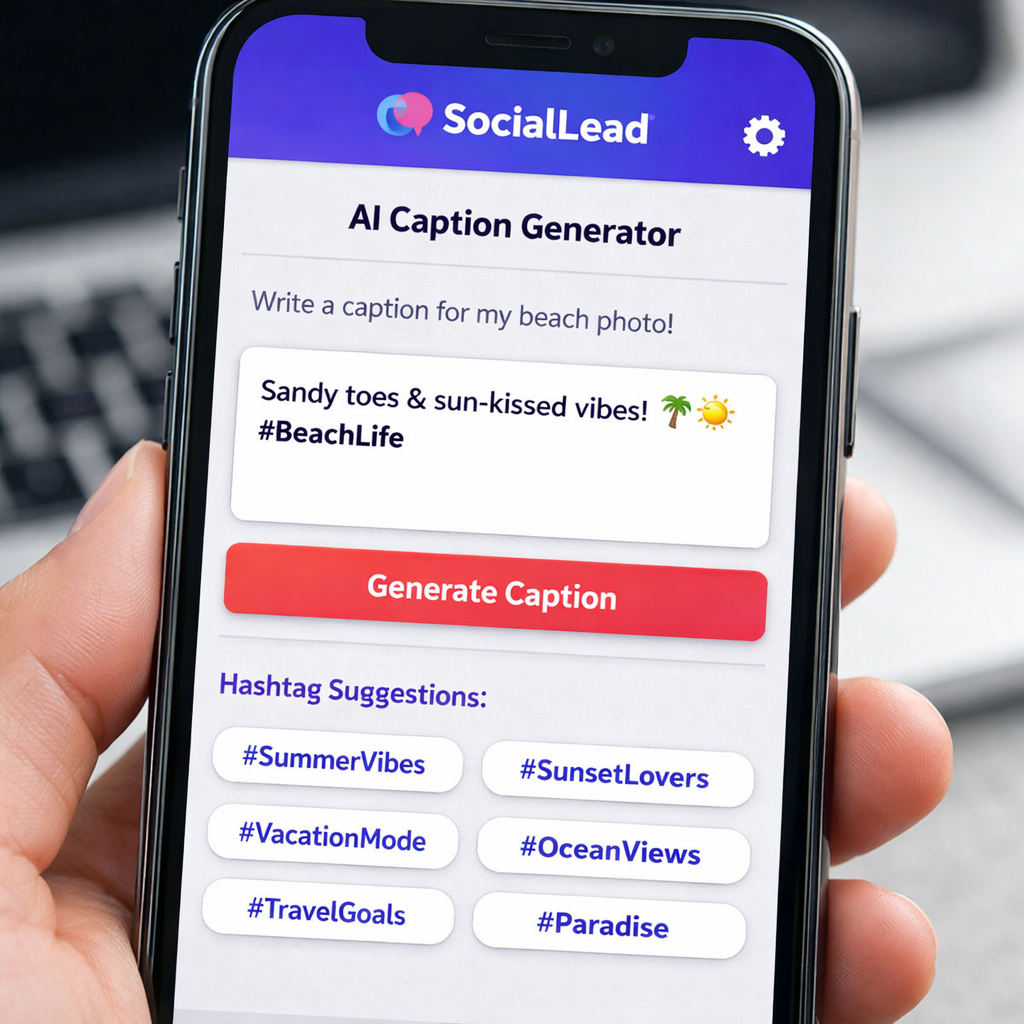 A realistic illustration of a mobile phone showing a simple AI caption generator interface with a text box and hashtag suggestions. Alt: Free AI caption generator for Instagram UI