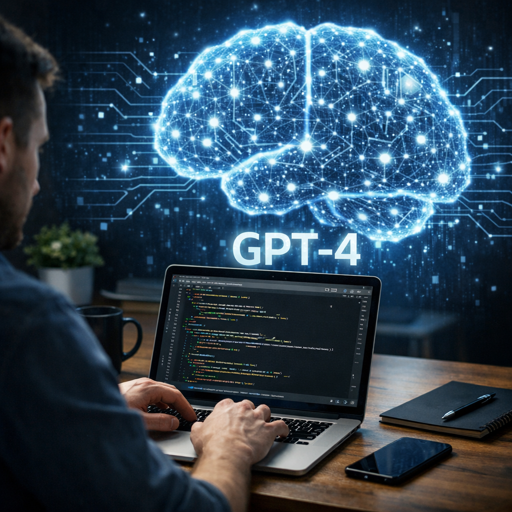 A realistic scene of a developer coding on a laptop with a glowing AI brain graphic in the background, representing GPT‑4 integration. Alt: GPT‑4 API integration illustration