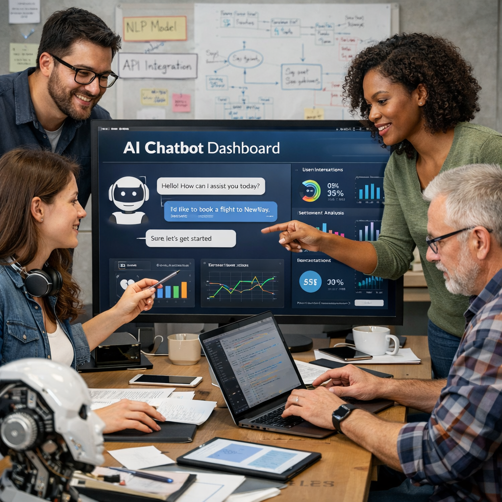 A realistic illustration of a collaborative team of developers and AI engineers working on a chatbot dashboard, emphasizing end‑to‑end service. Alt: Specialized AI chatbot development agency collaboration