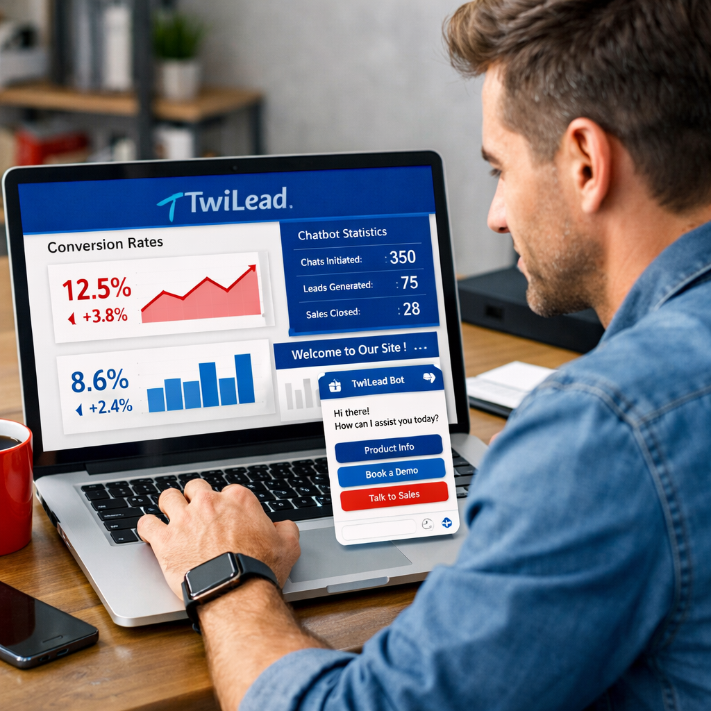 A realistic illustration of a small‑business owner reviewing chatbot performance metrics on a laptop, with charts showing conversion rates and a chat widget on a website. Alt: AI chatbot for sales performance dashboard view