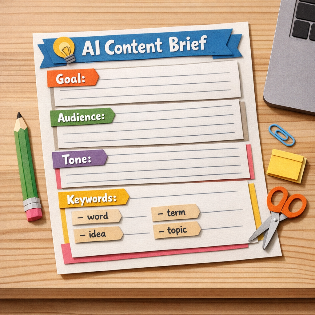 A Papercraft illustration of a simple worksheet titled "AI Content Brief" with sections for Goal, Audience, Tone, and Keywords, placed on a clean desk beside a laptop, appealing to digital marketers and small‑business owners. Alt: Papercraft AI content brief worksheet.