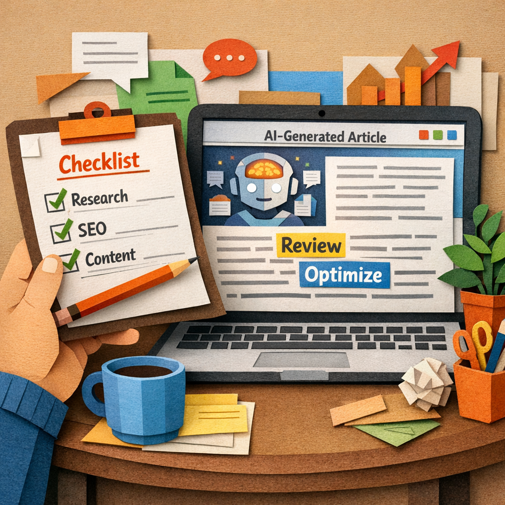 A Papercraft illustration of a hand holding a checklist next to a laptop screen showing an AI‑generated article, with the words “Review” and “Optimize” highlighted, appealing to digital marketers.