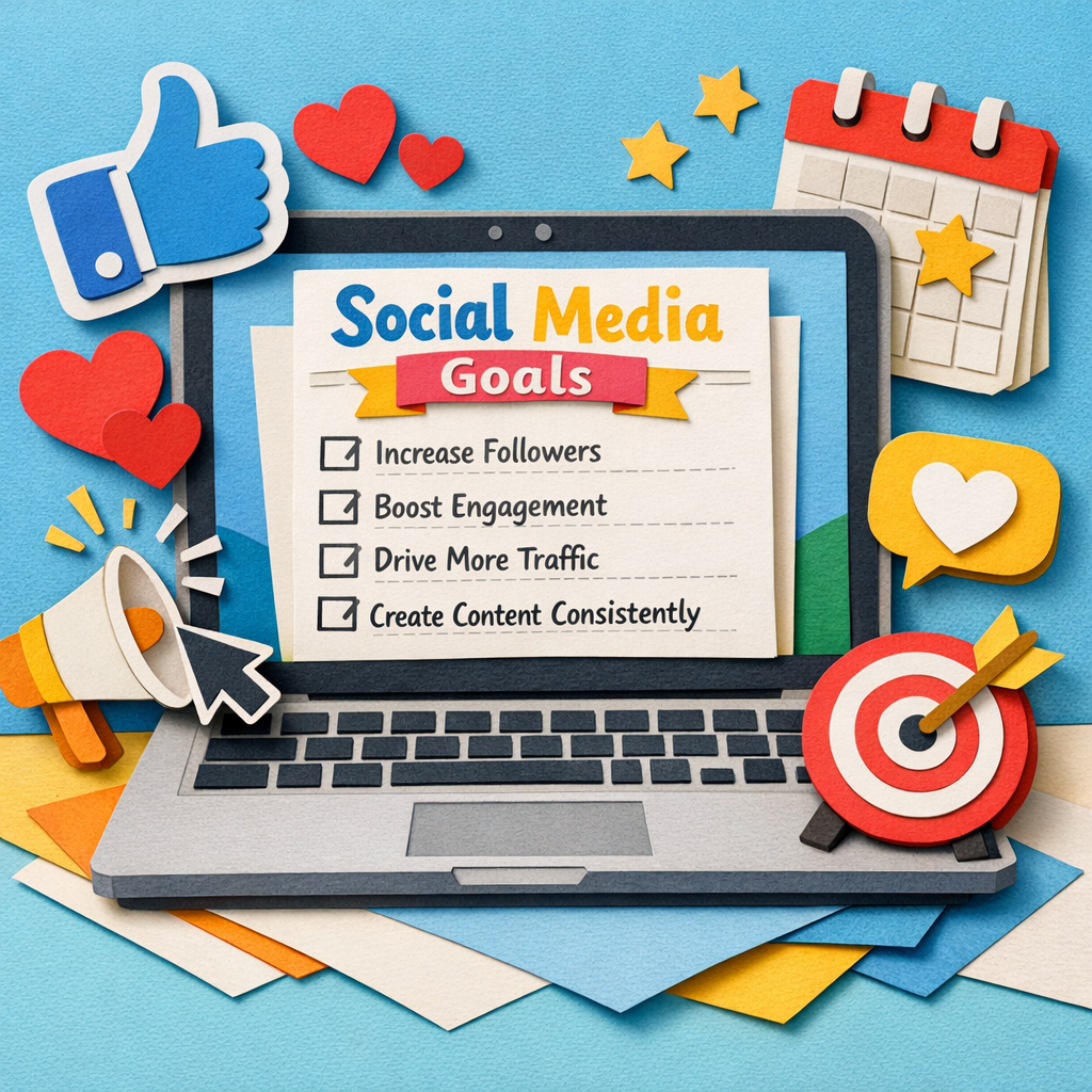 A Papercraft illustration of a laptop screen showing a simple social media goal worksheet with checkboxes, surrounded by paper cut‑out icons of likes, clicks, and a calendar, bright and playful style. Alt: AI content creation for social media goals worksheet.