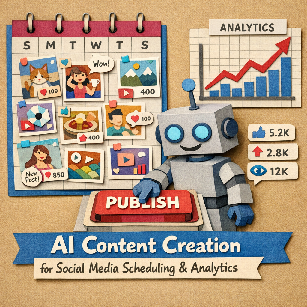 A Papercraft meme showing a paper calendar filled with AI‑generated social posts, a cartoon robot pressing a 