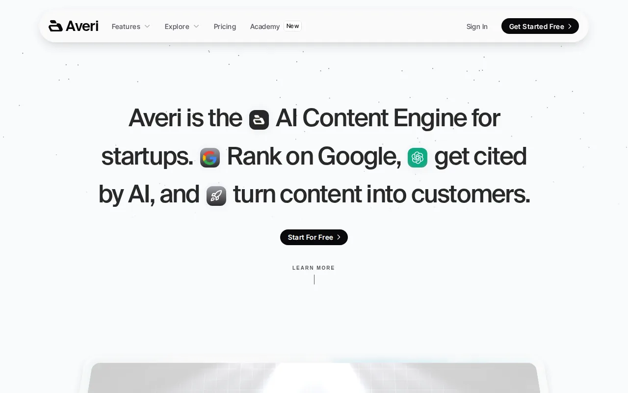 Averi: visual reference for 2. Averi — End-to-End AI Content Engine with Built-In SEO and GEO Scoring