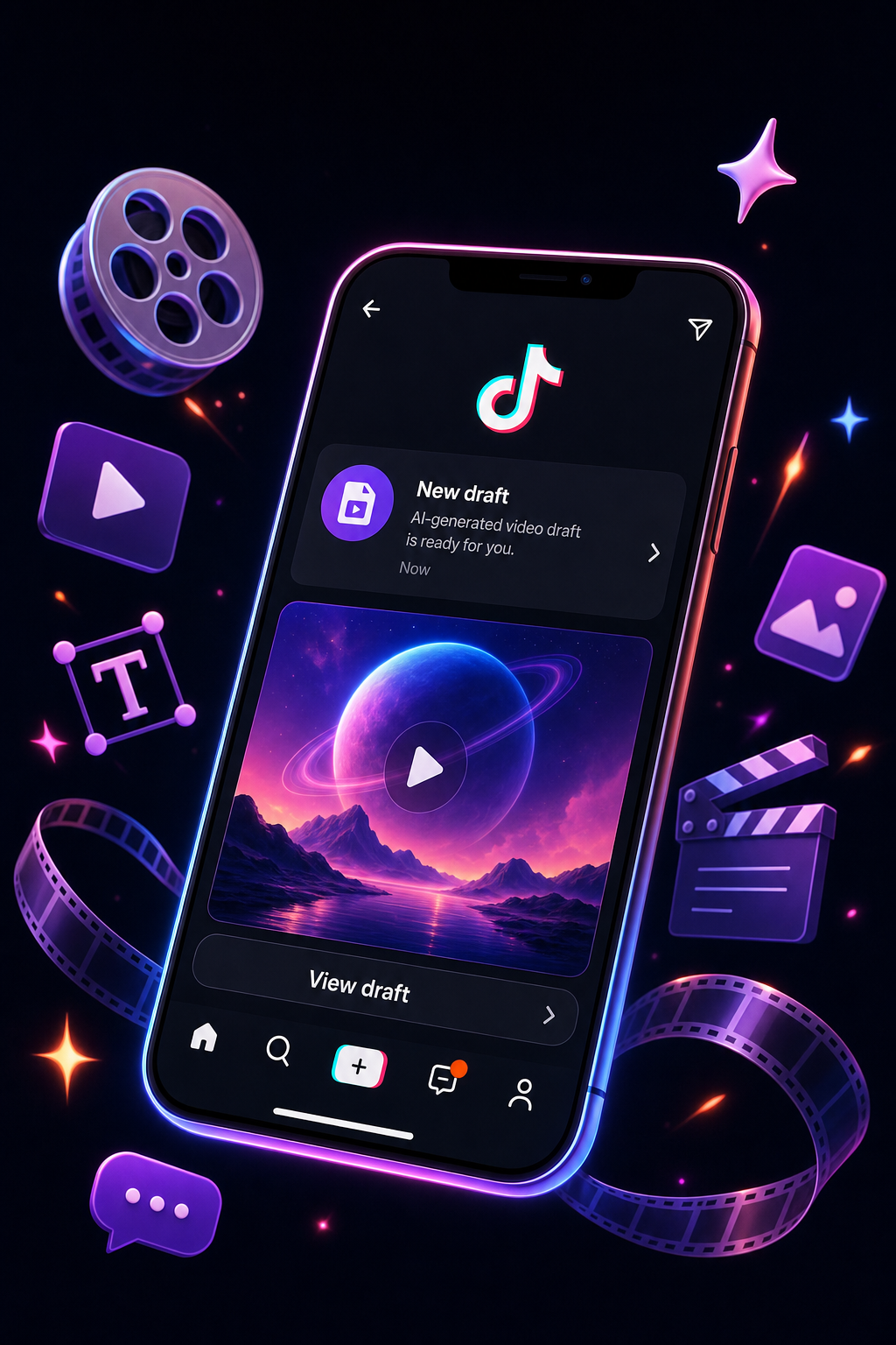 Clean digital illustration style. Vibrant accent colors (purple, pink, electric blue). Social media and content creator aesthetic. A glowing smartphone screen showing a TikTok draft notification with AI-generated video thumbnail, surrounded by floating creative icons like film reels, sparkles, and text prompts. Dark minimalist background. Tech-forward composition. No human faces. Alt: ClipDraft AI-powered TikTok video automation tool delivering video drafts to TikTok inbox.