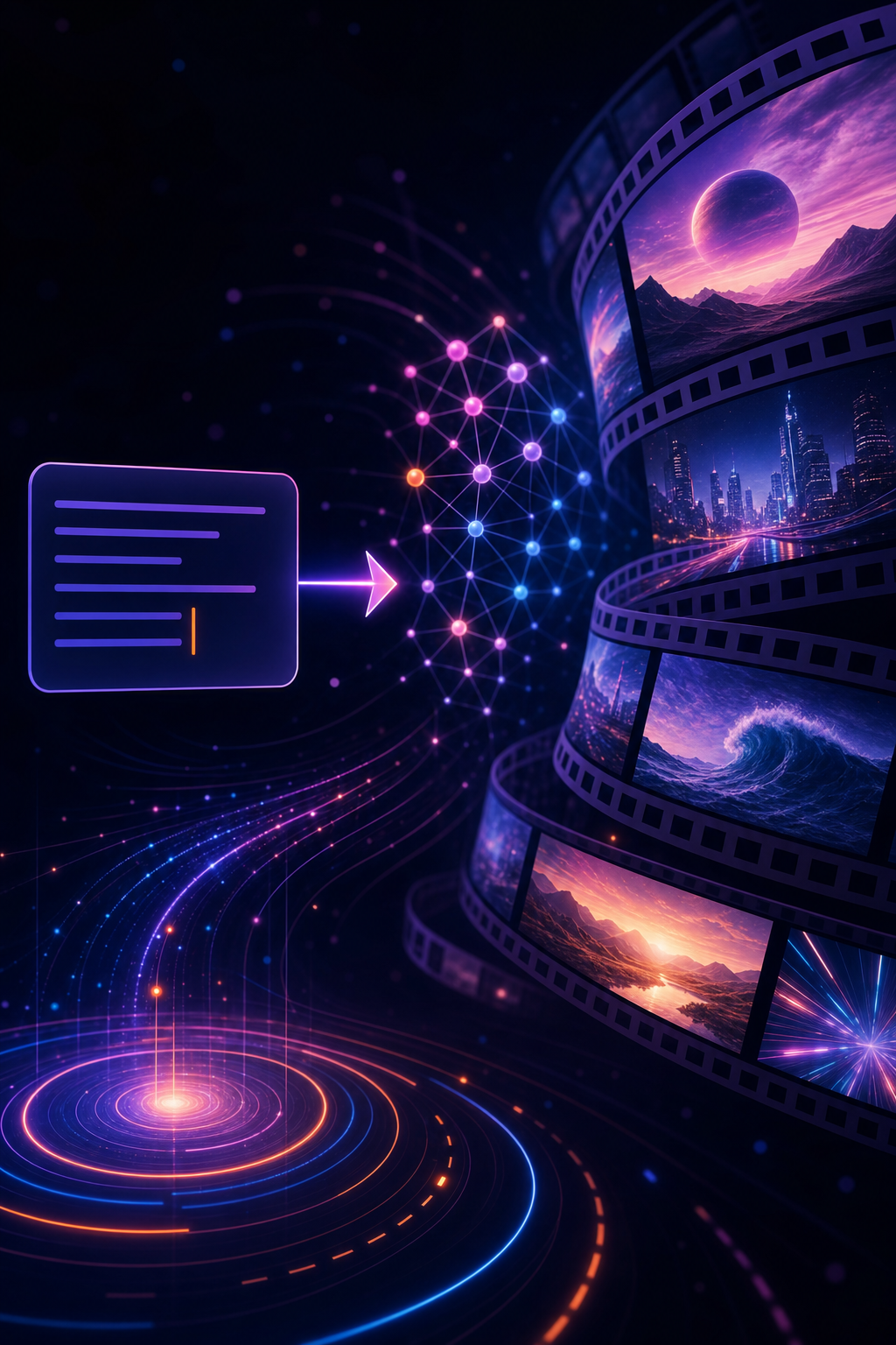Clean digital illustration style. Vibrant accent colors (purple, pink, electric blue). Abstract generative video creation concept showing text prompt transforming into cinematic video frames, with glowing neural network nodes and film strip elements floating in a dark tech-forward background. No human faces. Minimalist composition. Alt: Runway ML generative AI video creation tool for TikTok visual storytelling.