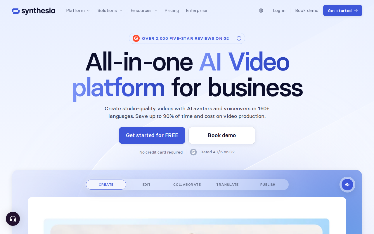 Synthesia AI avatar video creator homepage screenshot