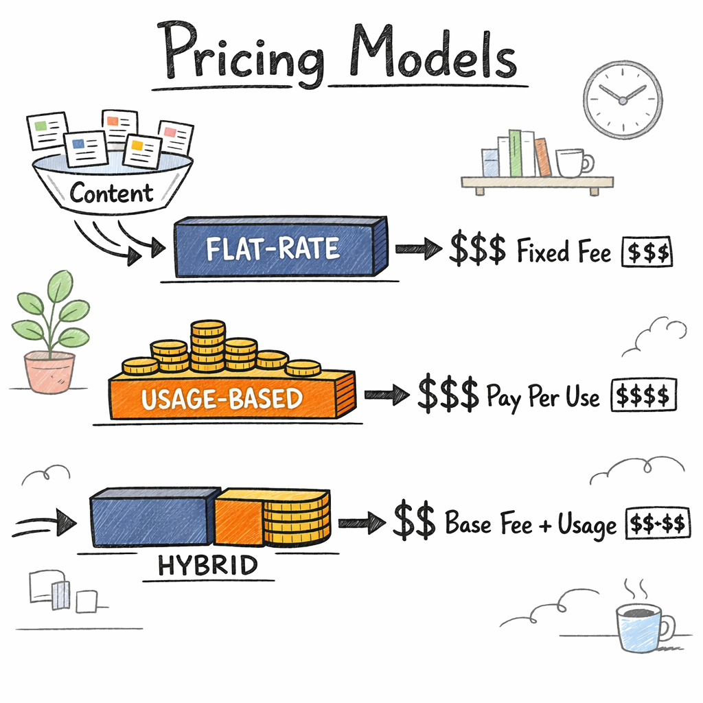 A doodle illustration of three stacked pricing models – flat‑rate, usage‑based, and hybrid – each represented by a different shaped block (a solid rectangle, a series of small coins, and a hybrid block split in half), with arrows showing how content volume flows through each model. The scene includes tiny icons of blog posts and dollar signs, set against a light‑hearted office background. Alt: AI content engine pricing models doodle.