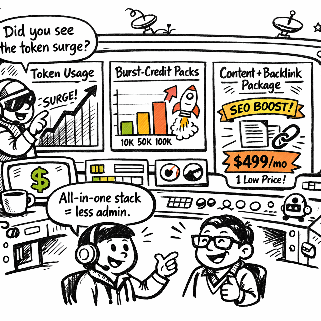A doodle illustration showing a futuristic dashboard with graphs of token usage, burst‑credit packs, and a combined content‑plus‑backlink pricing package, aimed at digital marketers and e‑commerce owners. The style is playful and meme‑like, with speech bubbles saying “Did you see the token surge?” and “All‑in‑one stack = less admin”. Alt: Future trends in AI content engine pricing visualized in a doodle style.
