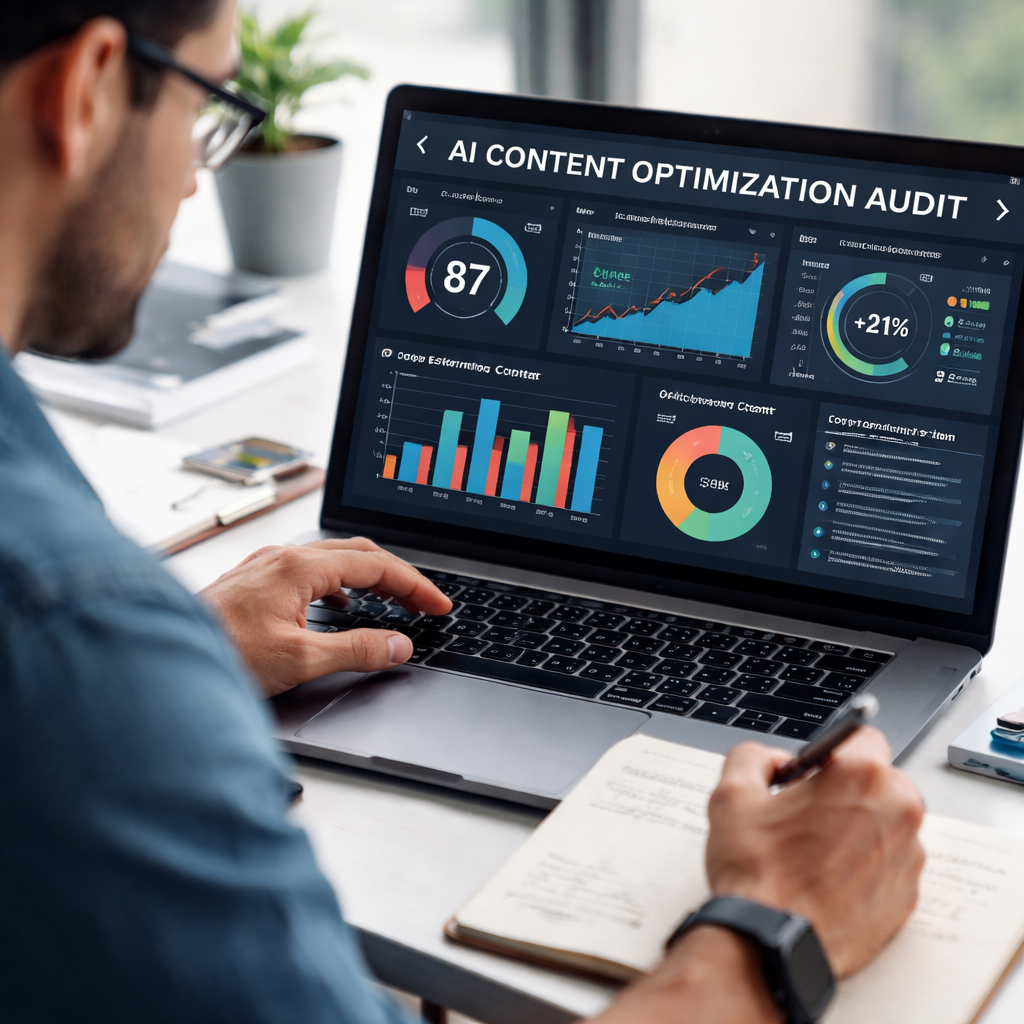 A photorealistic scene of a marketer reviewing AI audit data on a laptop screen, showing charts and insights. Alt: ai content optimization audit visual