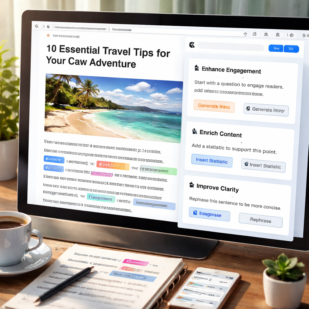 A photorealistic illustration of AI editing interface overlaying a blog post with suggestions and enrichment tags. Alt: AI-driven editing for content
