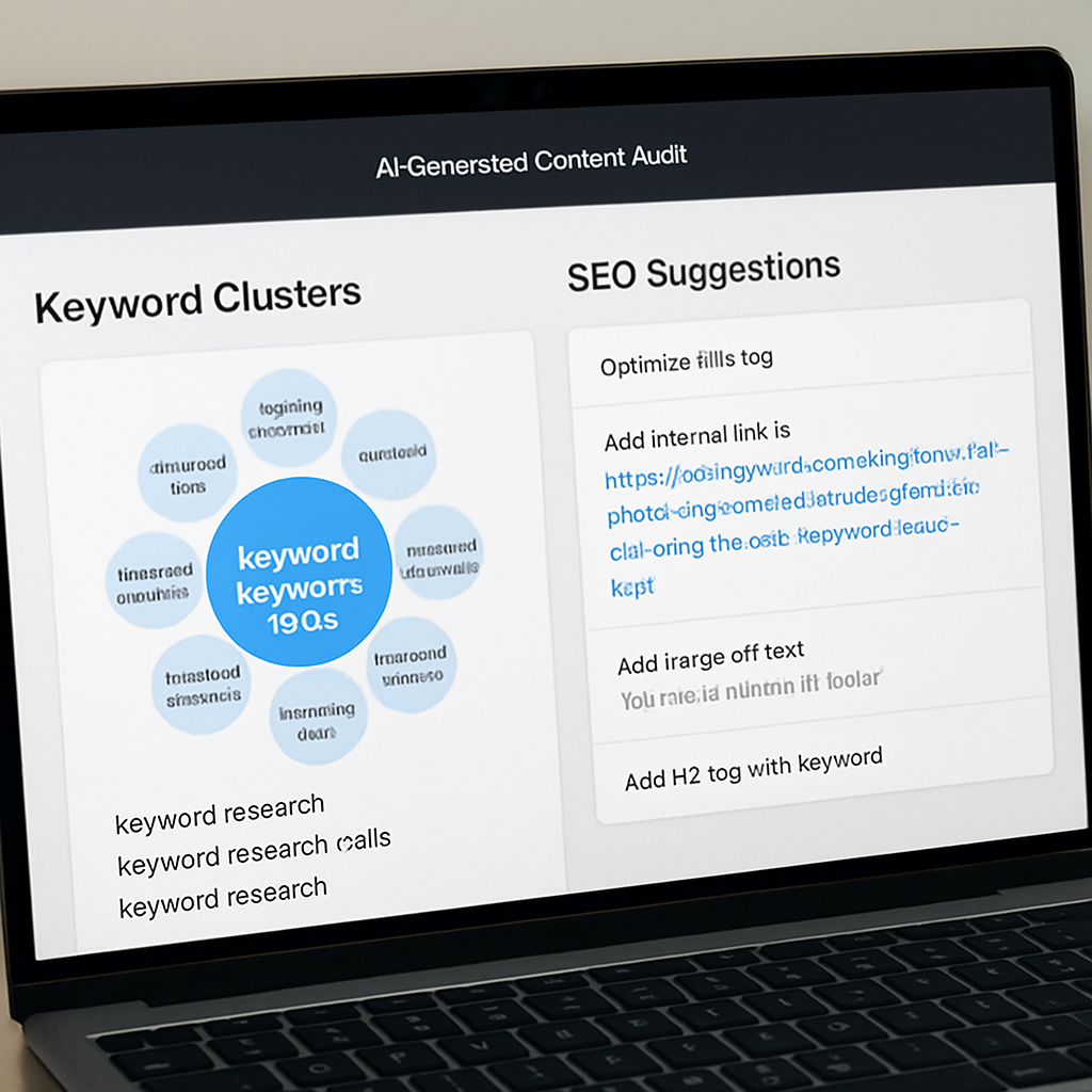 A sleek laptop screen displaying an AI‑generated content audit dashboard with highlighted keyword clusters and SEO suggestions. Alt: AI content optimization tools dashboard showing semantic keyword analysis and on‑page SEO recommendations.