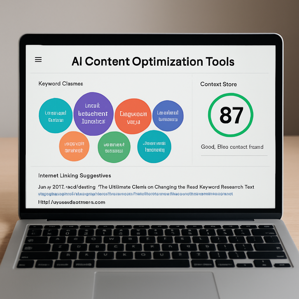 An AI dashboard on a laptop screen showing keyword clusters, content score, and internal linking suggestions. Alt: AI content optimization tools dashboard with semantic clusters and SEO score.