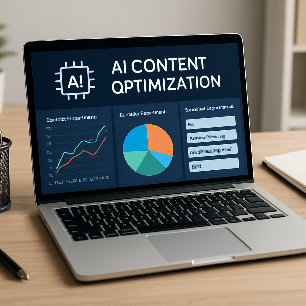 A modern workspace with a laptop displaying an AI content optimization dashboard, charts, and keyword suggestions. Alt: AI content optimization tools overview