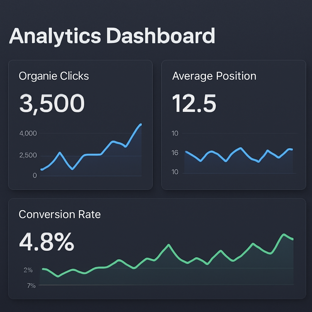 A modern analytics dashboard displaying line charts of organic clicks, average position, and conversion rate. Alt: AI content optimization ROI metrics dashboard