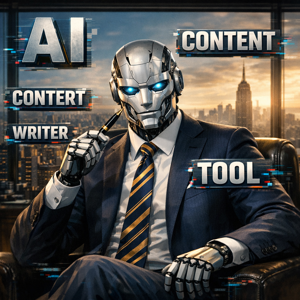 A I want the feature image to have the famous wolf of wallstreet meme image showing a confident AI robot wearing a suit, holding a pen, surrounded by floating text blocks that spell out “AI Content Writer Tool”, with a city skyline backdrop and a subtle digital glitch effect, photorealistic, cinematic lighting, appealing to digital marketing managers and content creators. Alt: AI content writer tool illustration with wolf of wallstreet meme style.