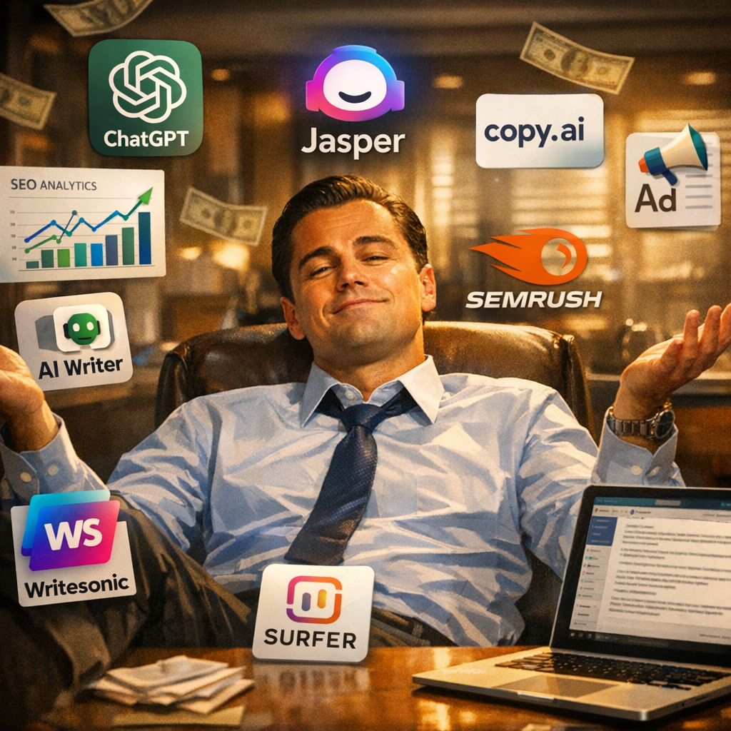 A photorealistic illustration in the iconic Wolf of Wallstreet meme style showing a marketing manager surrounded by floating icons of AI content writer tools, SEO charts, and a laptop, cinematic lighting, alt: AI content writer tool comparison