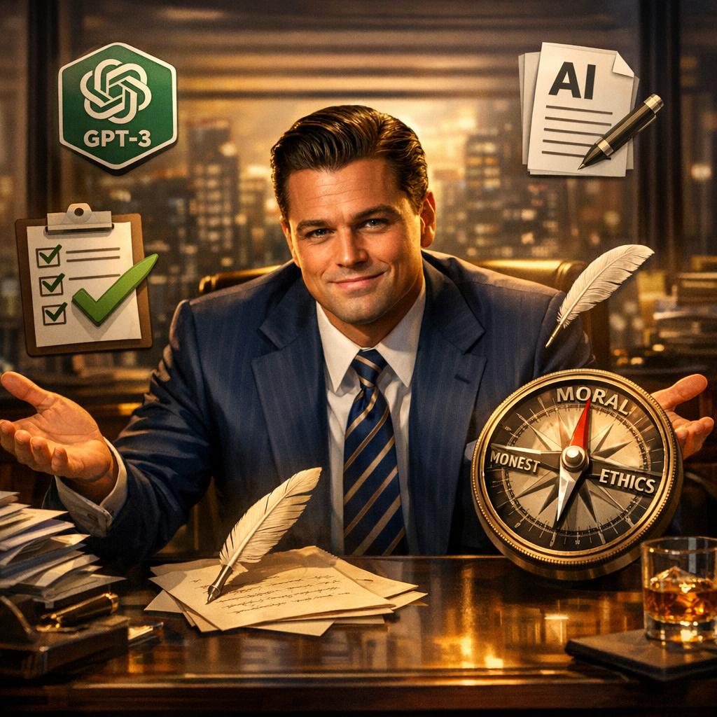 A photorealistic Wolf of Wallstreet meme style illustration of a marketer at a desk surrounded by floating icons of AI writing tools, a moral compass, a checklist, cinematic lighting, alt: Ethical AI writing tools