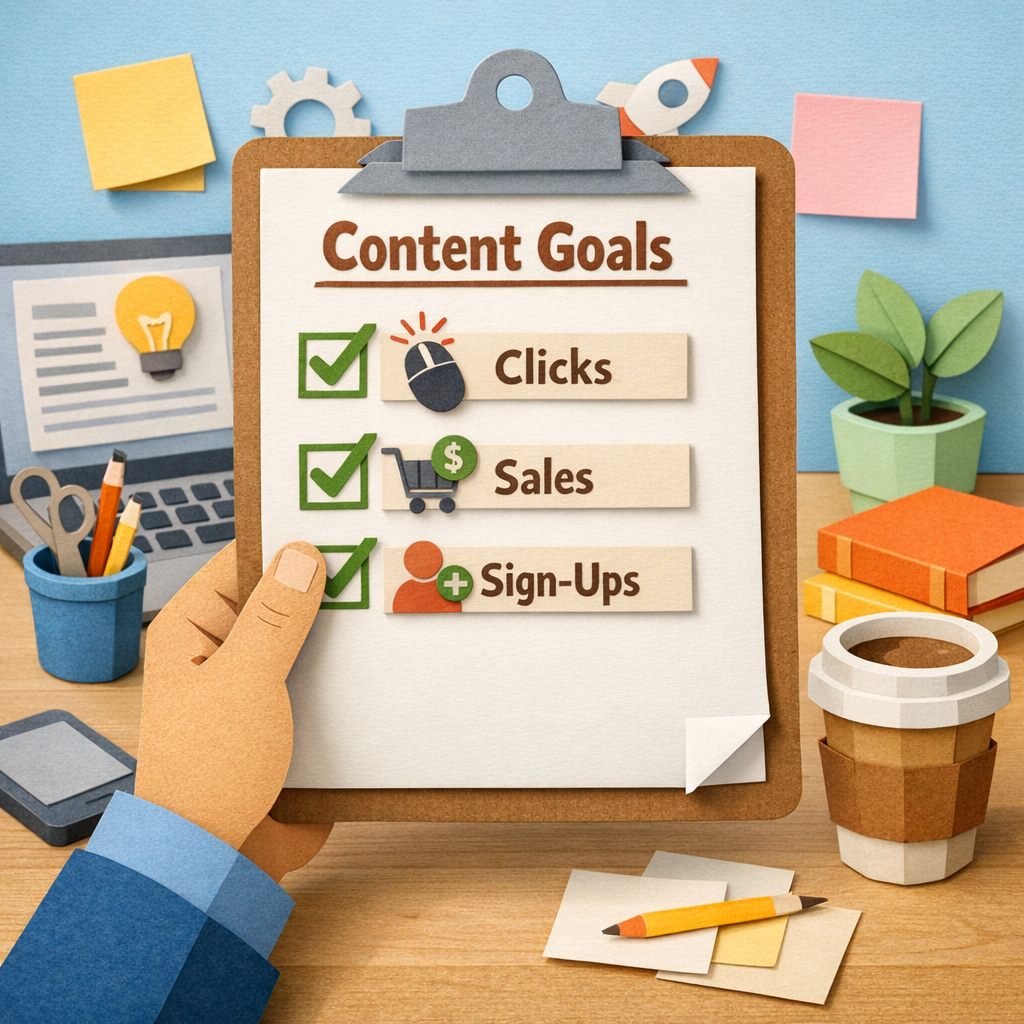 A Papercraft illustration of a hand holding a checklist with icons for clicks, sales, and sign‑ups, set on a clean desk, targeting digital marketers and small business owners. Alt: ai content writing software content goal checklist papercraft style.