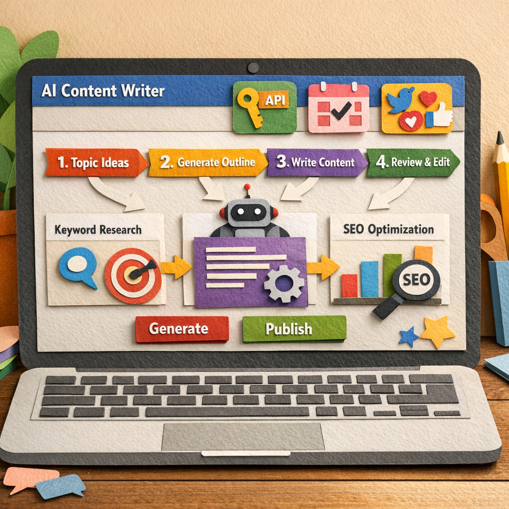 A Papercraft illustration of a laptop screen showing an AI content writing software dashboard with workflow steps, icons for API key, scheduling, and social sharing, appealing to digital marketers and content creators. Alt: ai content writing software workflow integration papercraft image.