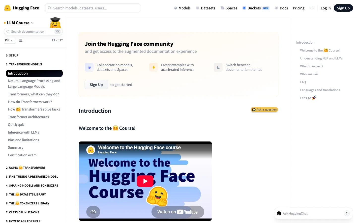 Screenshot of the Hugging Face LLM course introduction page