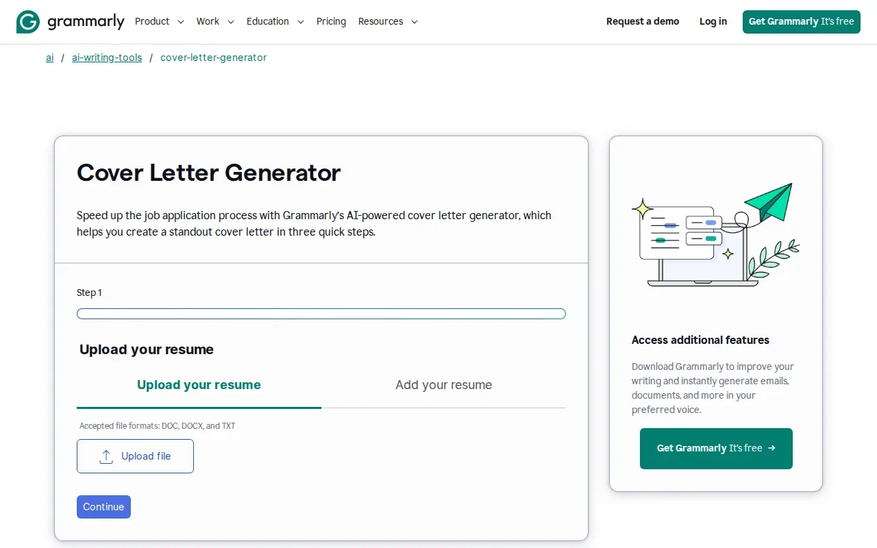 Screenshot of the Grammarly AI Cover Letter Generator website
