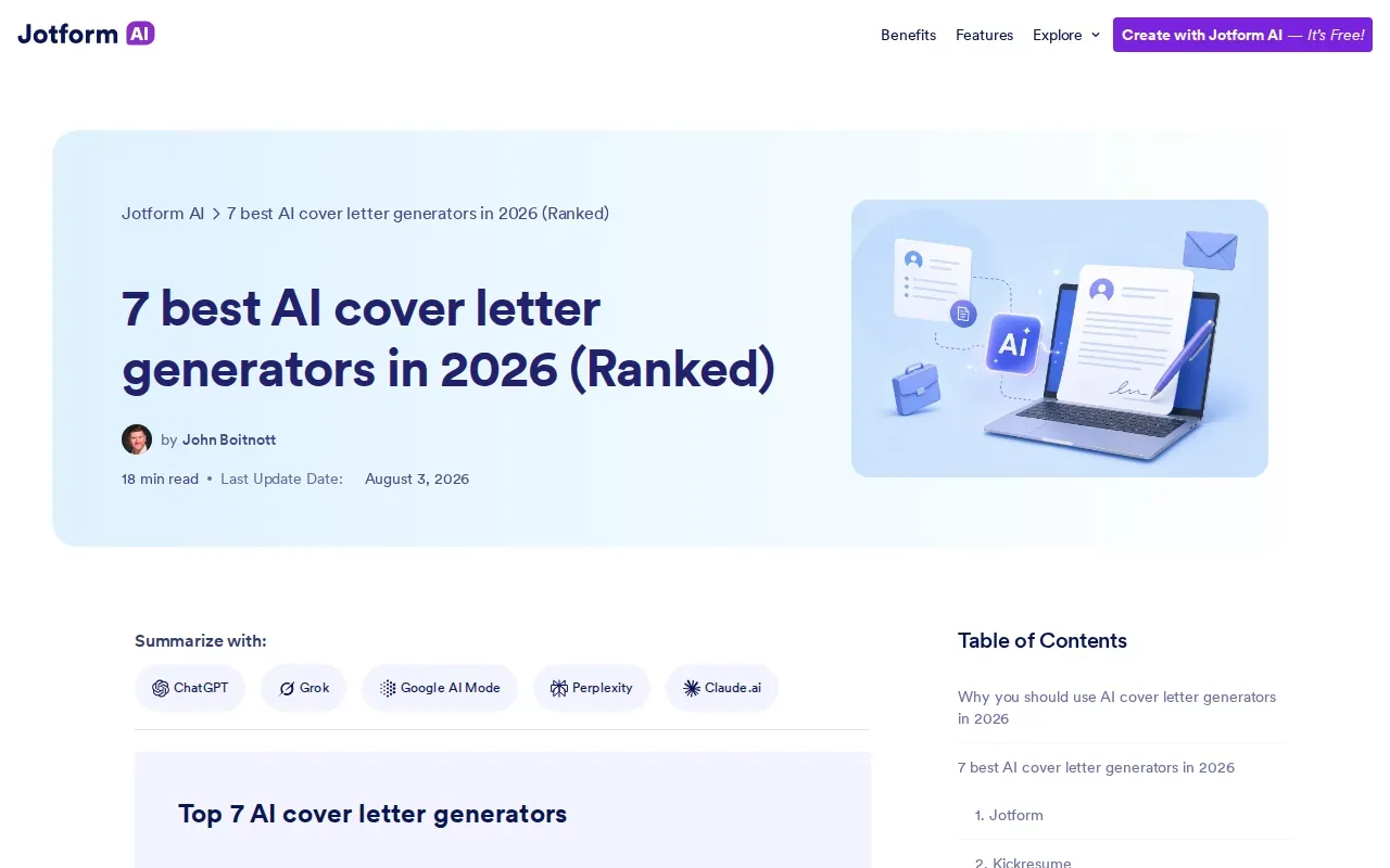 Screenshot of the Jotform AI Cover Letter Generator website