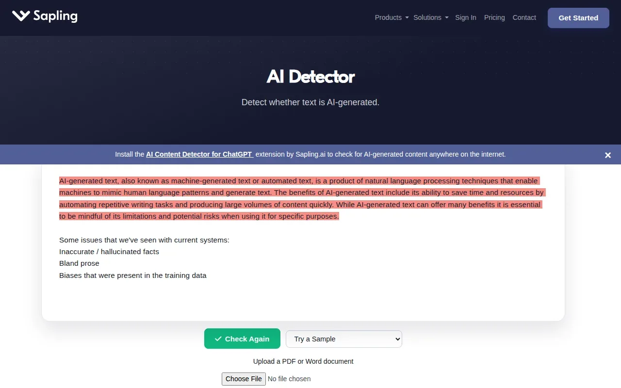 Screenshot of the Sapling AI Detector website