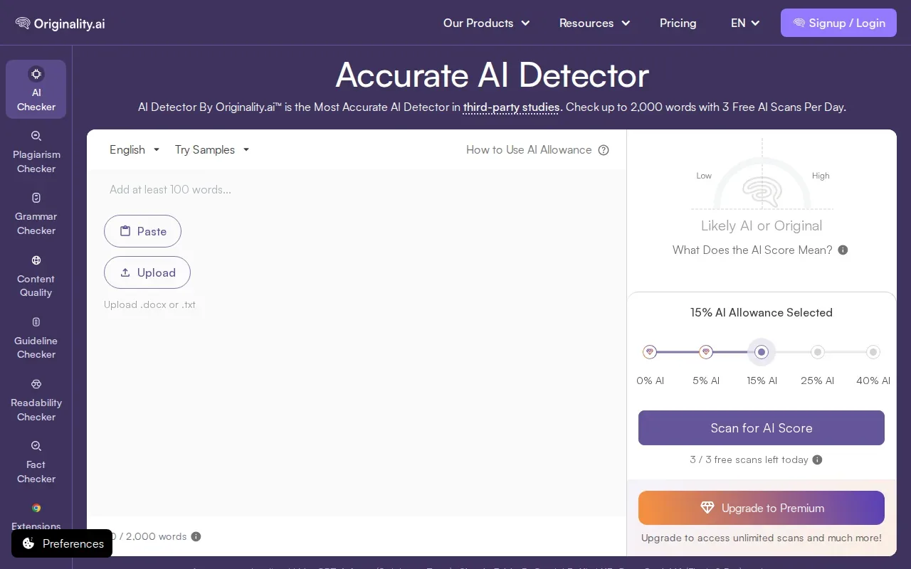 Screenshot of the Originality.ai website