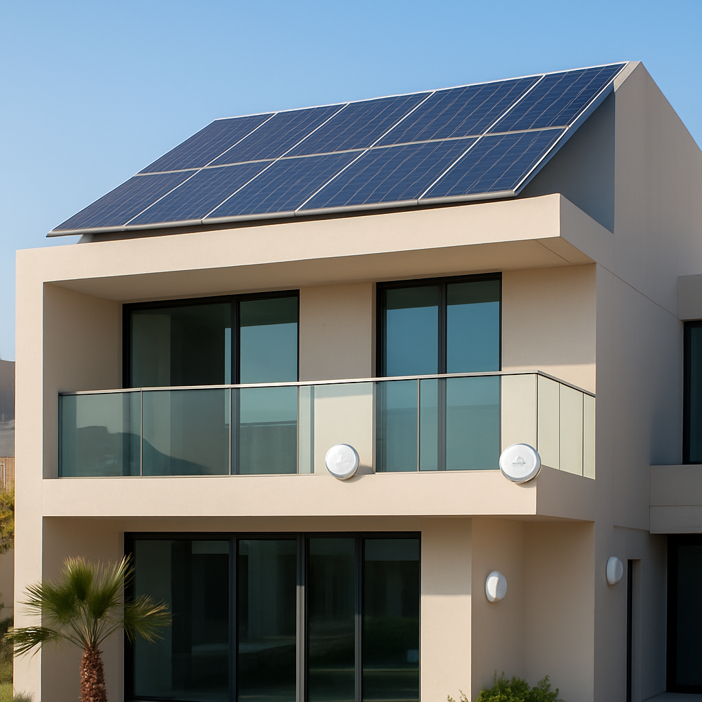 A modern Dubai villa with a rooftop solar panel array and sleek smart sensors on the balcony. Alt: Dubai villa energy audit with smart sensors and solar panels.