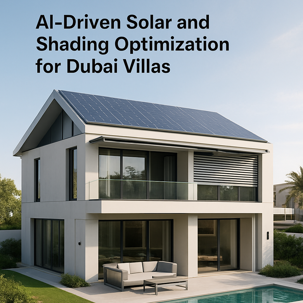 A modern Dubai villa with a sleek solar roof and dynamic shading panels, showcasing integrated smart controls. Alt: AI-driven solar and shading optimization for Dubai villas.