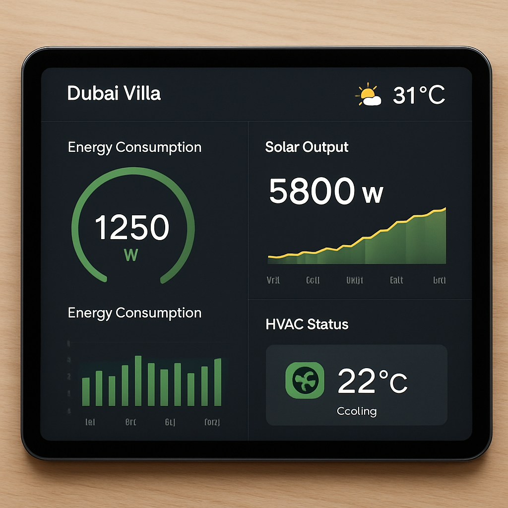 A modern smart home control dashboard displayed on a tablet, showing real‑time energy consumption, solar output, and HVAC status for a Dubai villa. Alt: AI driven climate optimization dashboard for Dubai villas