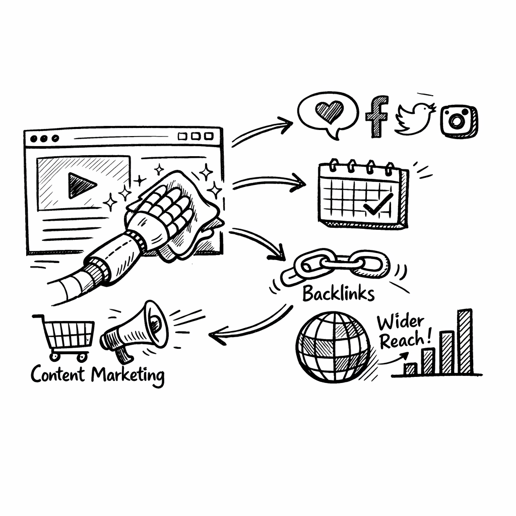 A doodle illustration of a robot hand polishing a webpage while arrows show the content being shared across social media icons, a calendar, and backlink chains, appealing to digital marketers and e‑commerce owners. Alt: AI driven content marketing optimisation and distribution workflow diagram in doodle style.