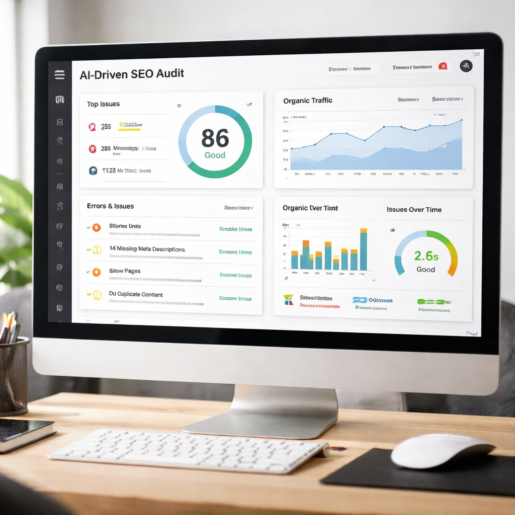 A photorealistic view of a computer screen showing an AI‑driven SEO audit dashboard with charts, error lists, and performance graphs. Alt: ai driven seo services audit dashboard