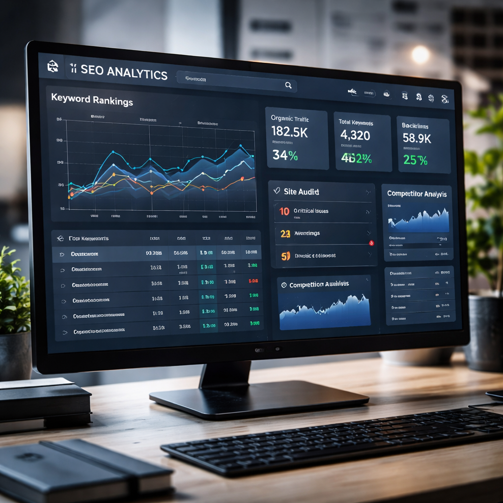 A photorealistic scene of a modern AI‑driven SEO analytics dashboard on a large monitor, showing charts, tables, and alert icons. Alt: ai driven seo services analytics dashboard