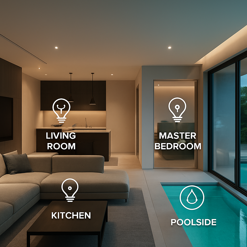 A sleek, modern Dubai villa interior showing distinct lighting zones – living room, kitchen, master bedroom, and poolside – with subtle AI icons indicating sensor placement and energy‑saving overlays. Alt: AI driven smart lighting control Dubai villa lighting zones assessment.