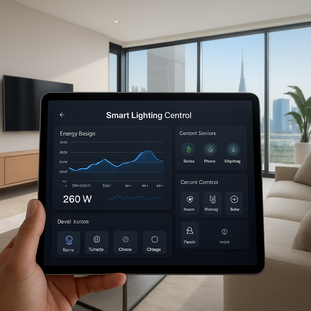 A sleek Dubai villa living room with an AI‑driven smart lighting control dashboard on a tablet, showing real‑time energy usage graphs, sensor status icons, and scene controls. Alt: AI driven smart lighting control Dubai villa monitoring performance and maintenance.