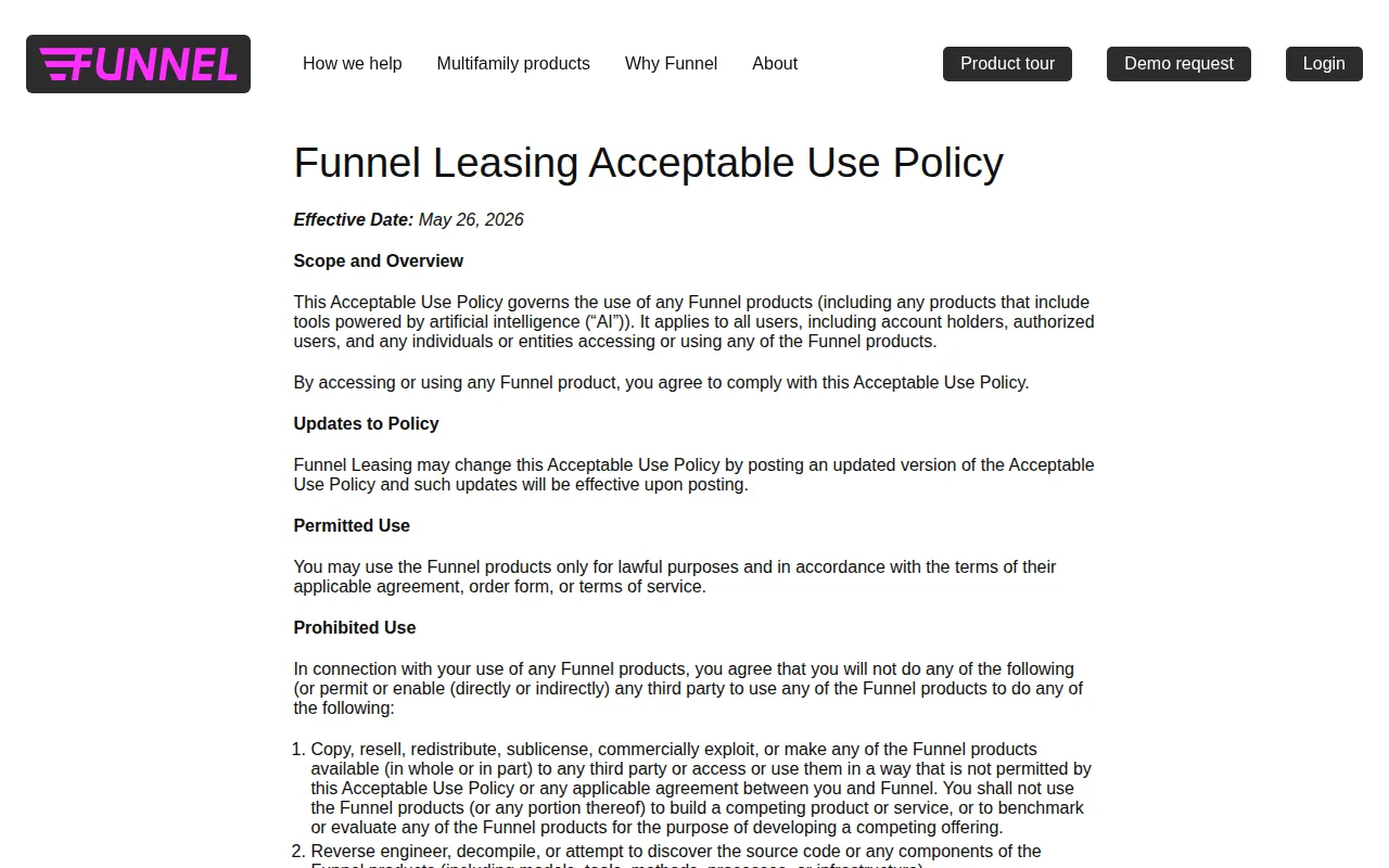Screenshot of the Funnel Leasing: CRM-centered automation for portfolio operators website